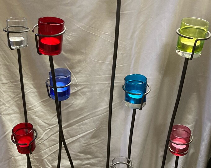 Tall Black Metal 10-Arm Candelabra Centerpiece with Multicolor Glass Holders