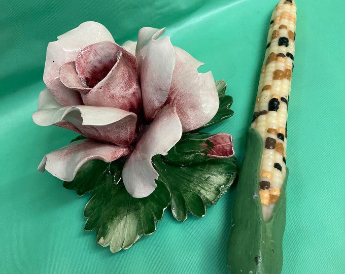 Vintage Capodimonte Porcelain Pink Rose Flower Candle Holder, Made in Italy,  with Candle