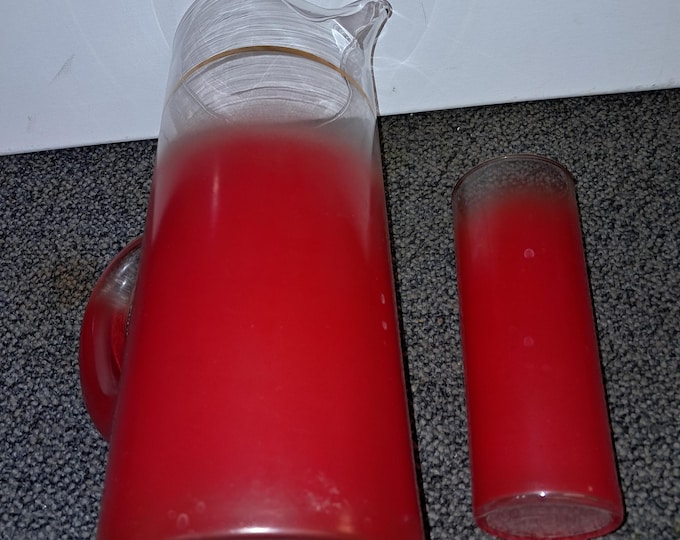 Vintage Blendo Glass Cocktail Pitcher Barware Ombre Red Gold Glass Cups Tumblers Set