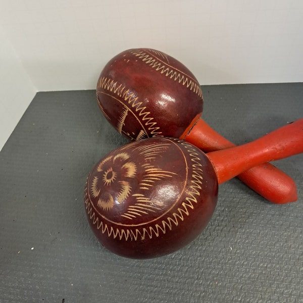 Vintage Gourd Maracas Rattle Wooden Instrument Toy Porto Rico ,1980s