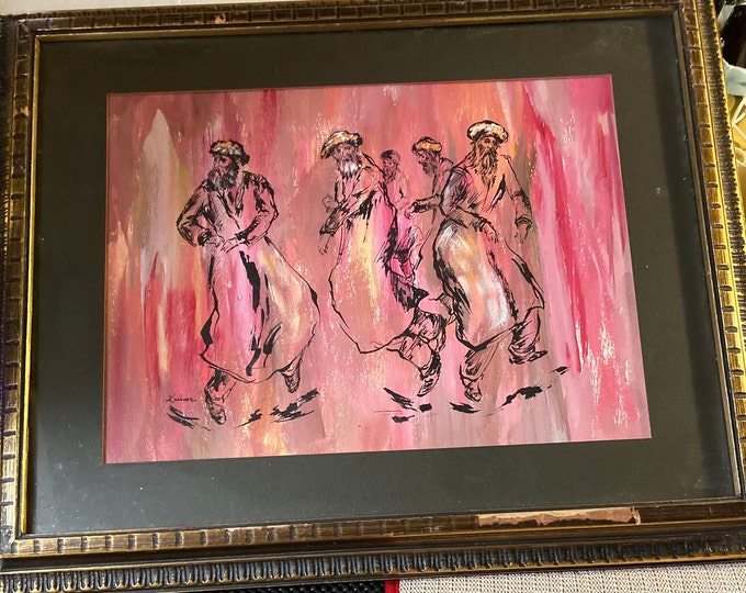 Joyful scene of Hasidim in traditional garb dancing by Harold Kushner. Watercolor,