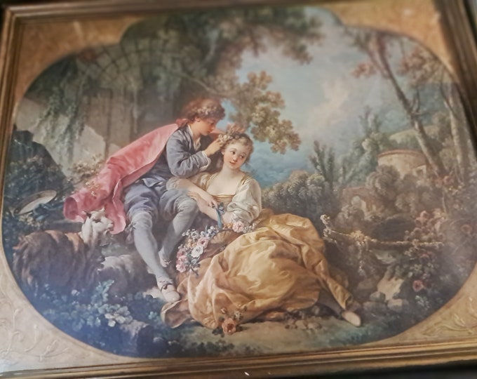 Antique 19 c Lithograph Depicting  A Lady and Cavalier Court Scene