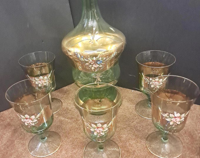 Murano  Decanter   Floral  Design Wine Set with 5  Glasses Green  with  Gold  Trim