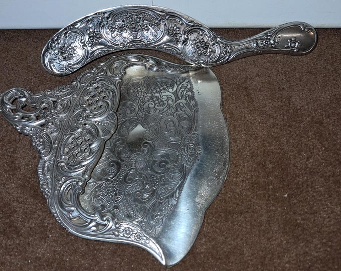 Antique Silver Plate Dustpan Tray & Brush for Crumbs Victorian Ornate