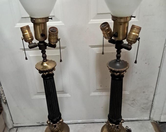Antique Stiffel Empire Cherub Torch Lamps: Gold & Black Enamel Finish