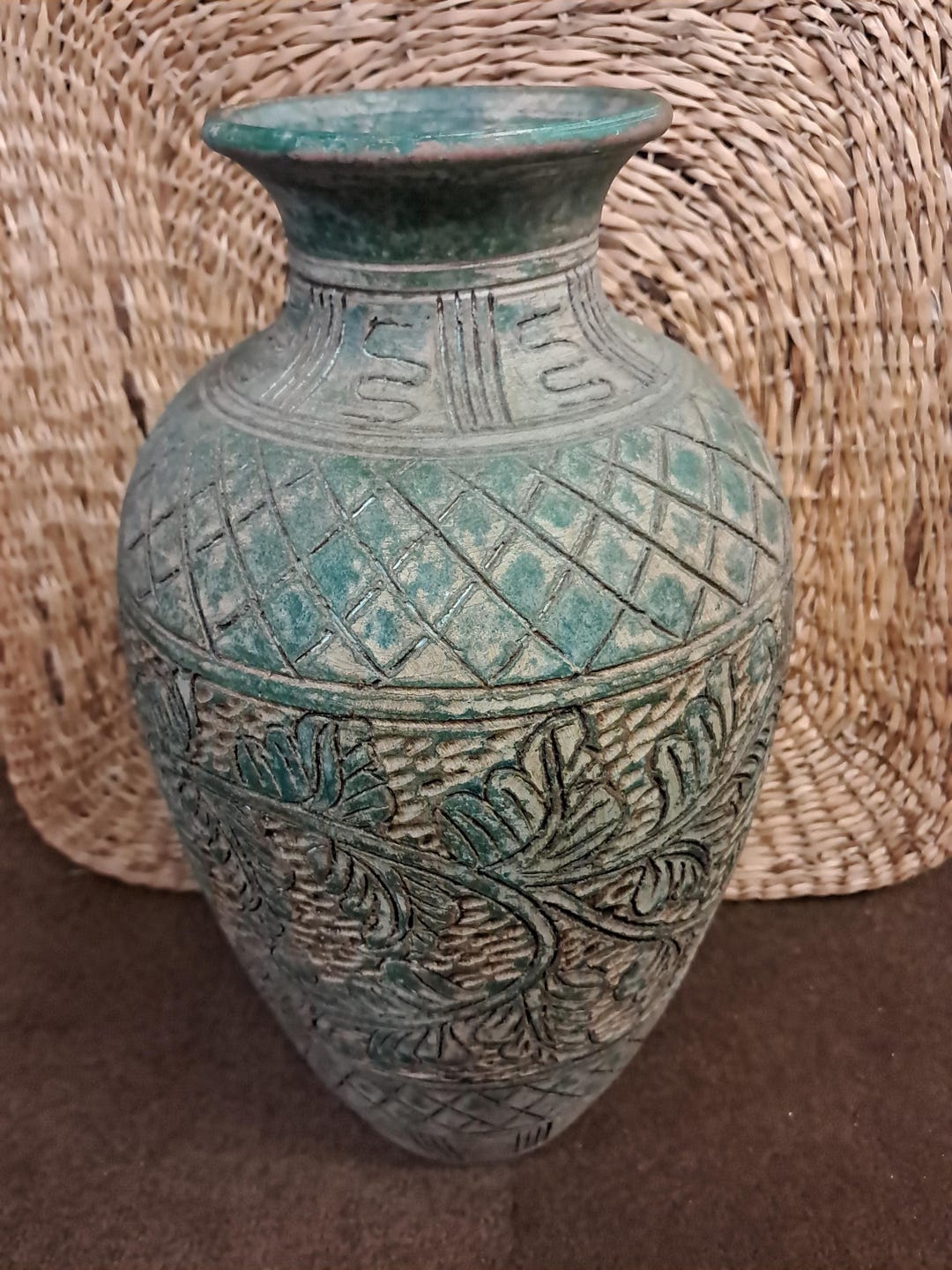 Vintage Green Carved Pottery Vase - Etsy