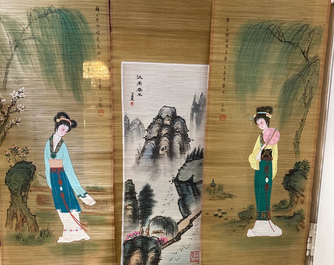 Japanese Straw Wall Scroll Art, Chinese Paintings, Set of 3