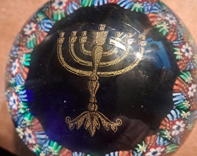 Vintage Murano Glass Millefiori Menorah Paperweight: Gold Tone Judaica