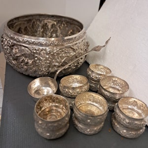 Large Thai Burmese Repousse Sterling Silver Offering Bowl  with 12 Matching Serving  Bowls and Serving Ladle