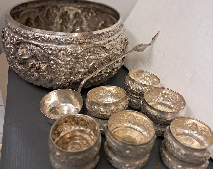 Burmese Sterling Silver Repousse Offering Bowl Set: 14-Piece Anglo-Indian Decor