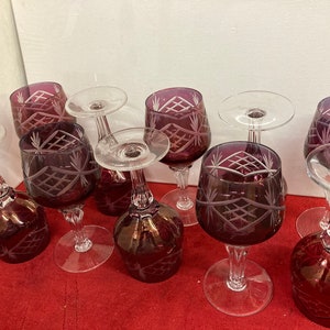 10 BOHEMIAN CZECH Cut To Clear  Crystal Wine Glass GOBLET Cranberry Red