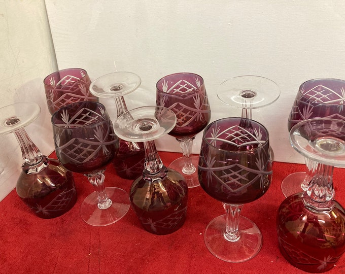 10 BOHEMIAN CZECH Cut To Clear  Crystal Wine Glass GOBLET Cranberry Red