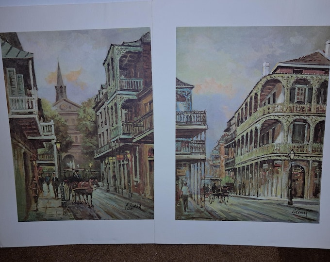 Vintage  New Orleans French Quarter Scene w/ Horse Carriage 2 prints signed by Coleman