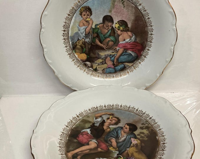 Two Vtg Bavaria Schumann Arzberg German Cake Cabinet Plates, Boys Eating Fruit 11 3/4"