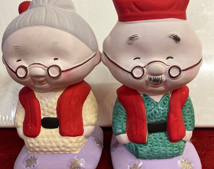 Chinese Grandpa and Grandma Ceramic Colorful Hand-painted Bank Figurines