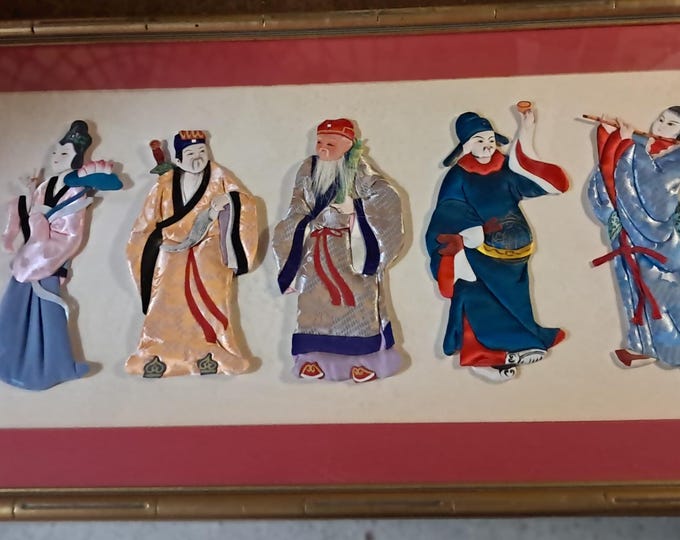 Rare Antique Chinese  Framed  Silk Embroidery of Seven Immortals. Vintage