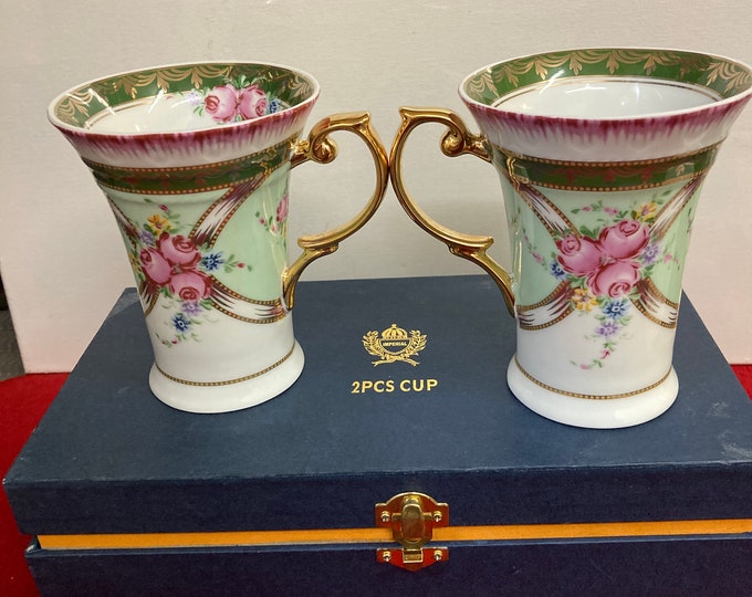 Floral Porcelain Tea Mug Set, Imperial Bone China Coffee Cups, Gift Boxed