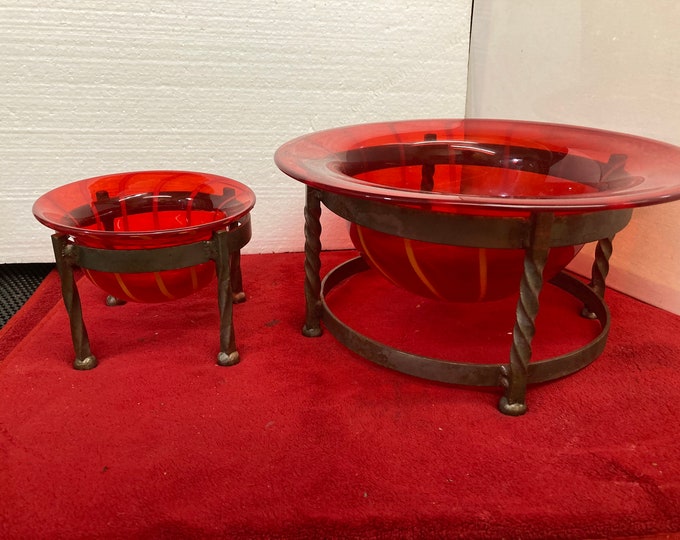 Ruby Red Art Glass Bowls, Yellow Stripe, Twisted Metal Stands, Murano Style