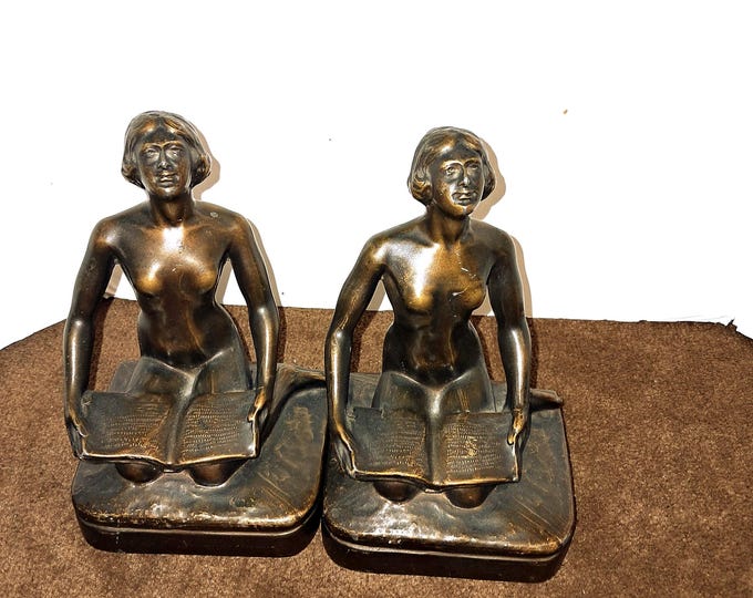 1920's Art Deco Bronze Sculpture Bookends  of Nude Women Reading Book
