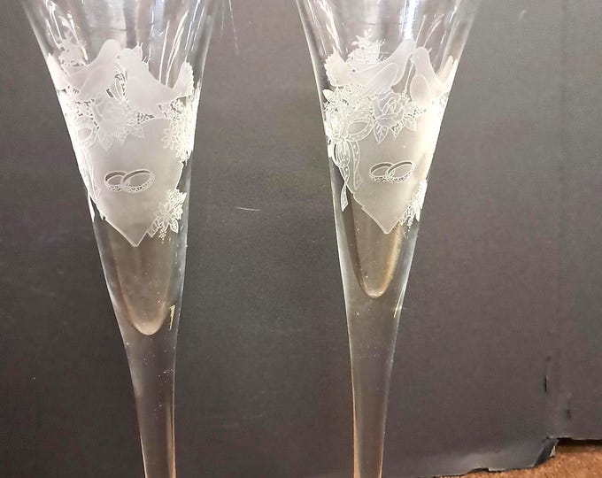 Two Ingrid Champagne Glasses With Dove Etched  Design