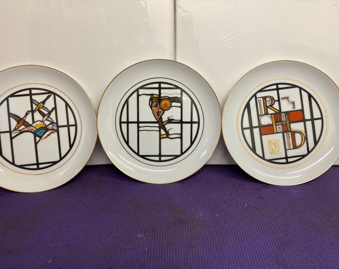 Vintage . Rare .  3 China Plates. REUBEN H. DONNELLEY Office Sained Glass Windows.