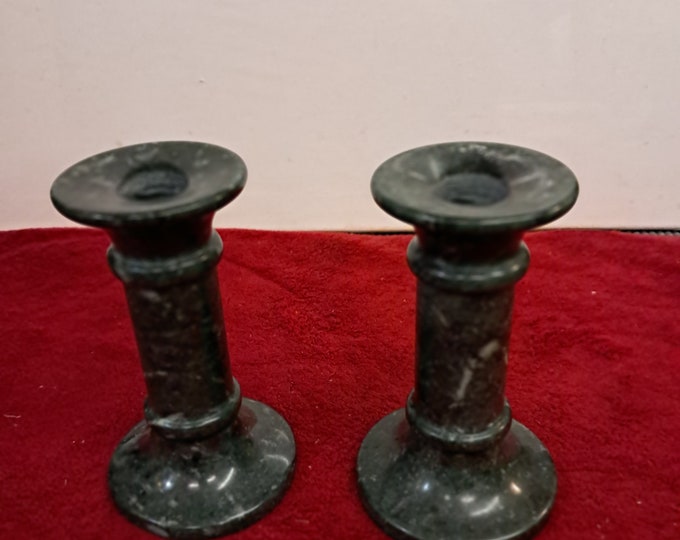 Dark Green Marble Candlestick Holders, Pair