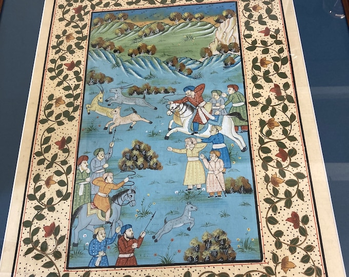 Miniature Painting ,Hunting Scene ,  Wood Frame