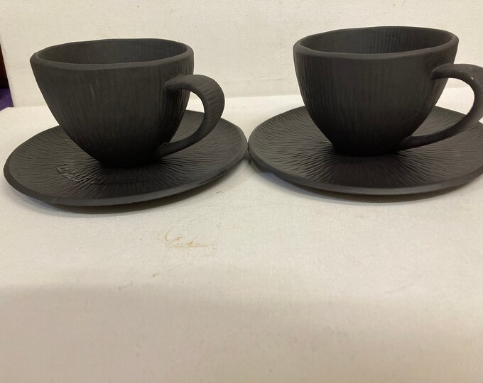 Michael Aram - 2 Africana Porcelain Cup & Saucer Set - Black Matte Porcelain