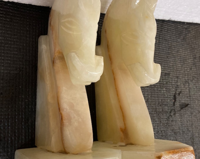 Mid 20th Century Carved Onyx  Stone Horse Head Bookends - a Pair
