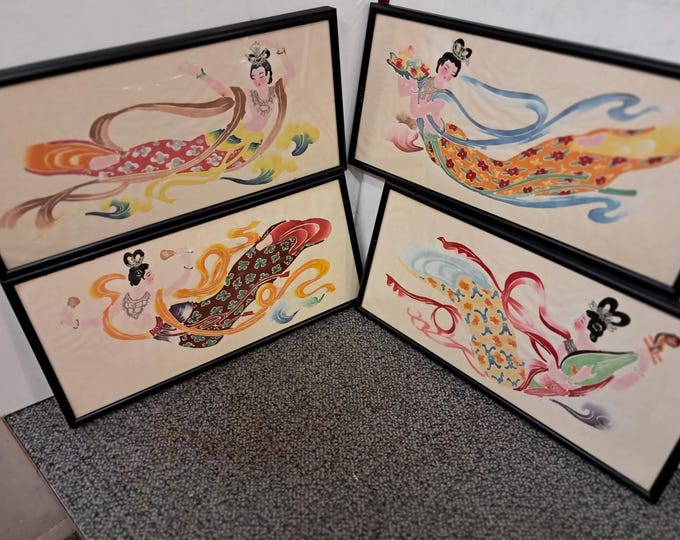 Vintage Framed Chinese Deity Paper Cutout: Watercolor Art