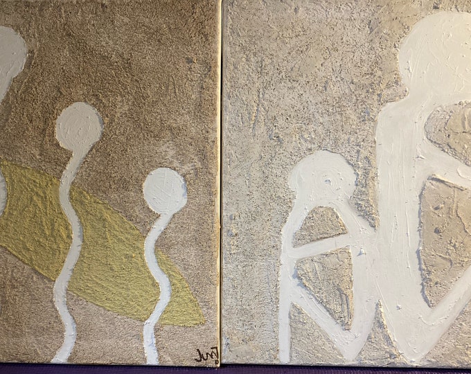 Two Hand Painted Abstract Oil, Graphite & Plaster  Line Paintings ,Signed By Artist