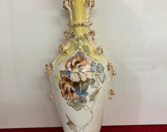 Vintage CARLSBAD China Austria - Hand  Painted Floral Design Vase With Gold Trim