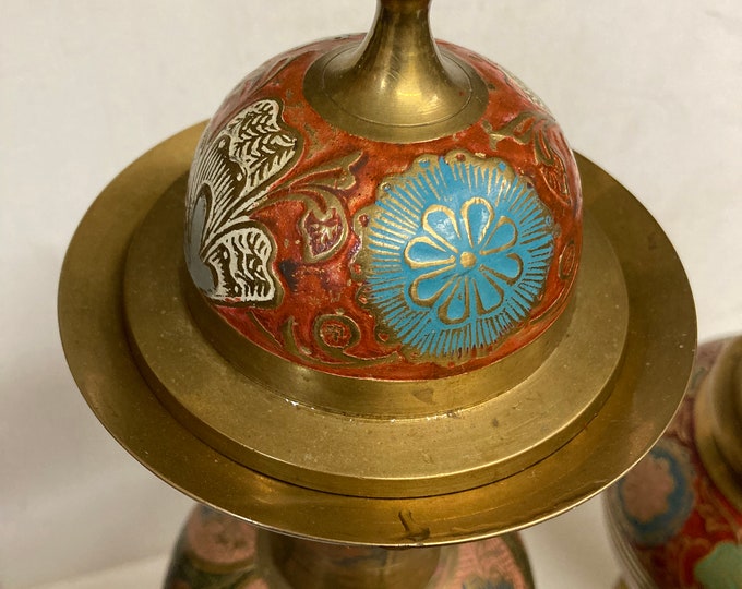 2 Vintage Handmmade and Handpainted  Set  of   Brass Decorative Vases
