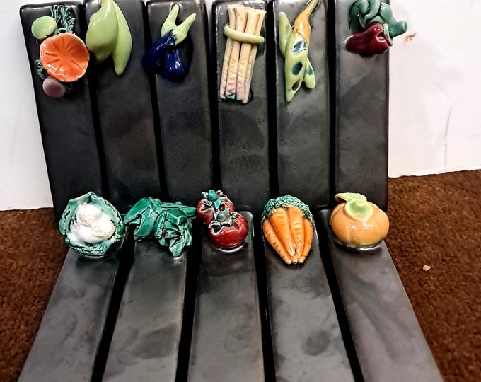 Set of Eleven  Majolica Vegetables Knife Rests Vallauris circa 1950 hand painted