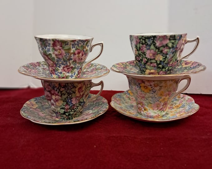 Four Rosina Tea Cup Saucers, Fine Bone China England Chintz Flowers Rare Collectible