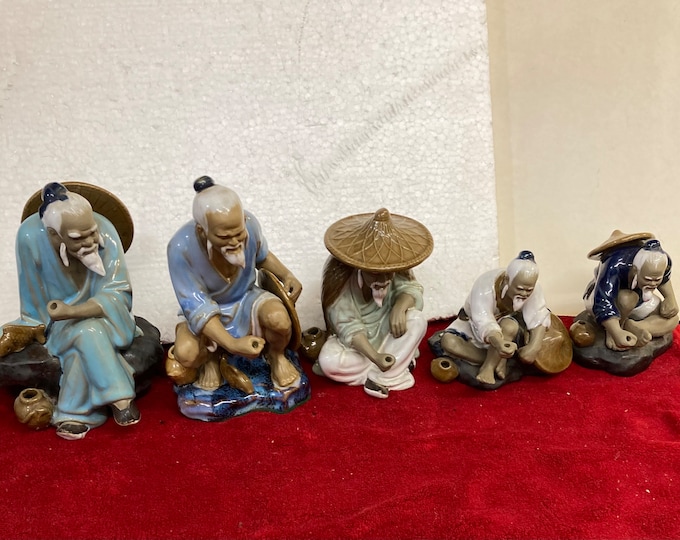 5 Vintage Chinese Mudmen - Ceramic art pottery - Asian glazed figurine - oriental statues -