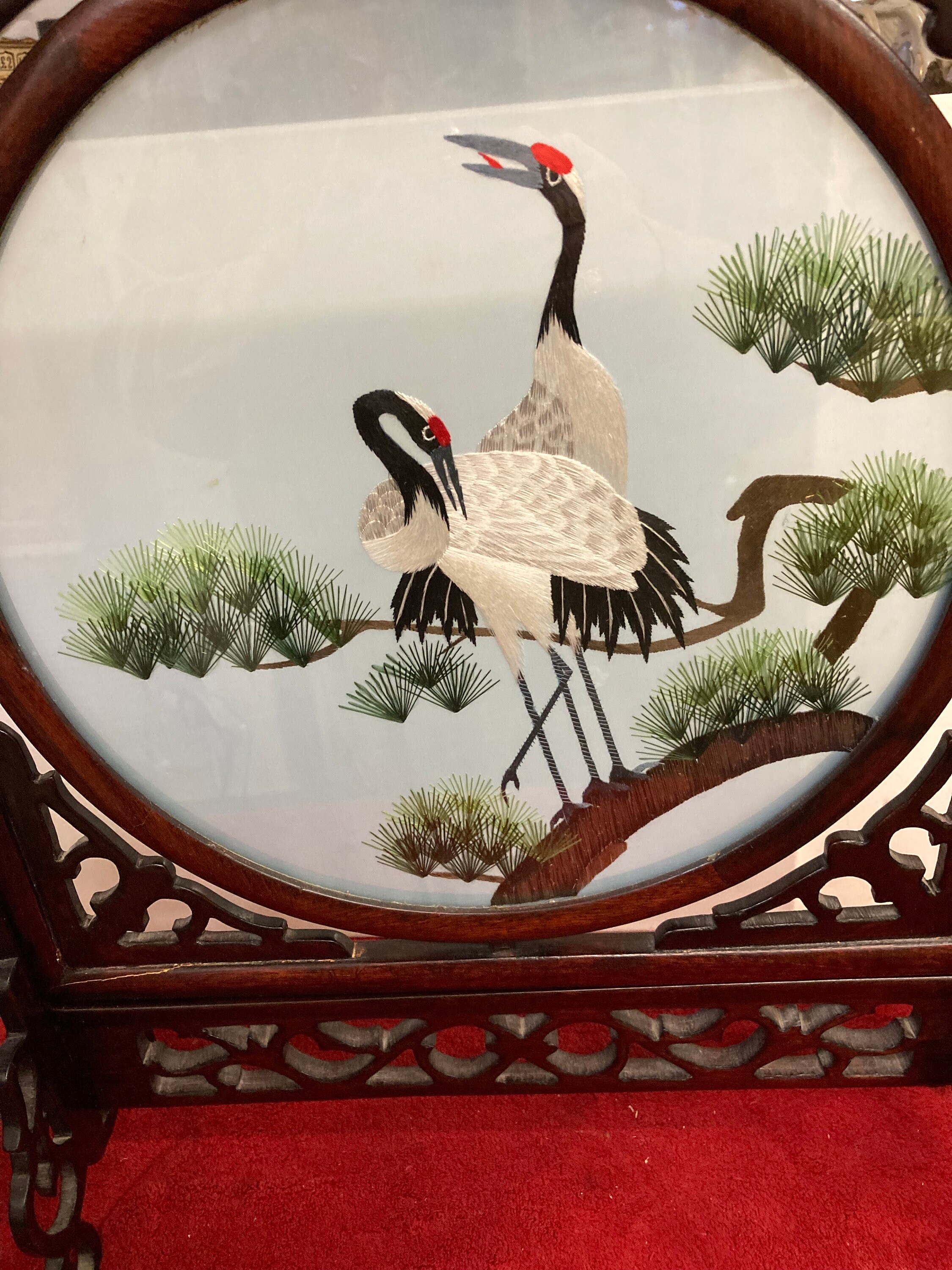 Vintage Double Sided Tall Silk Embroidered With Stand