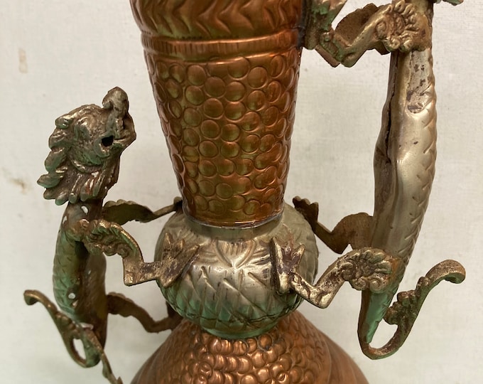 Antique ,Circa 1900 Chinese 11 " Hammered Copper Vase with Brass Dragons and Details