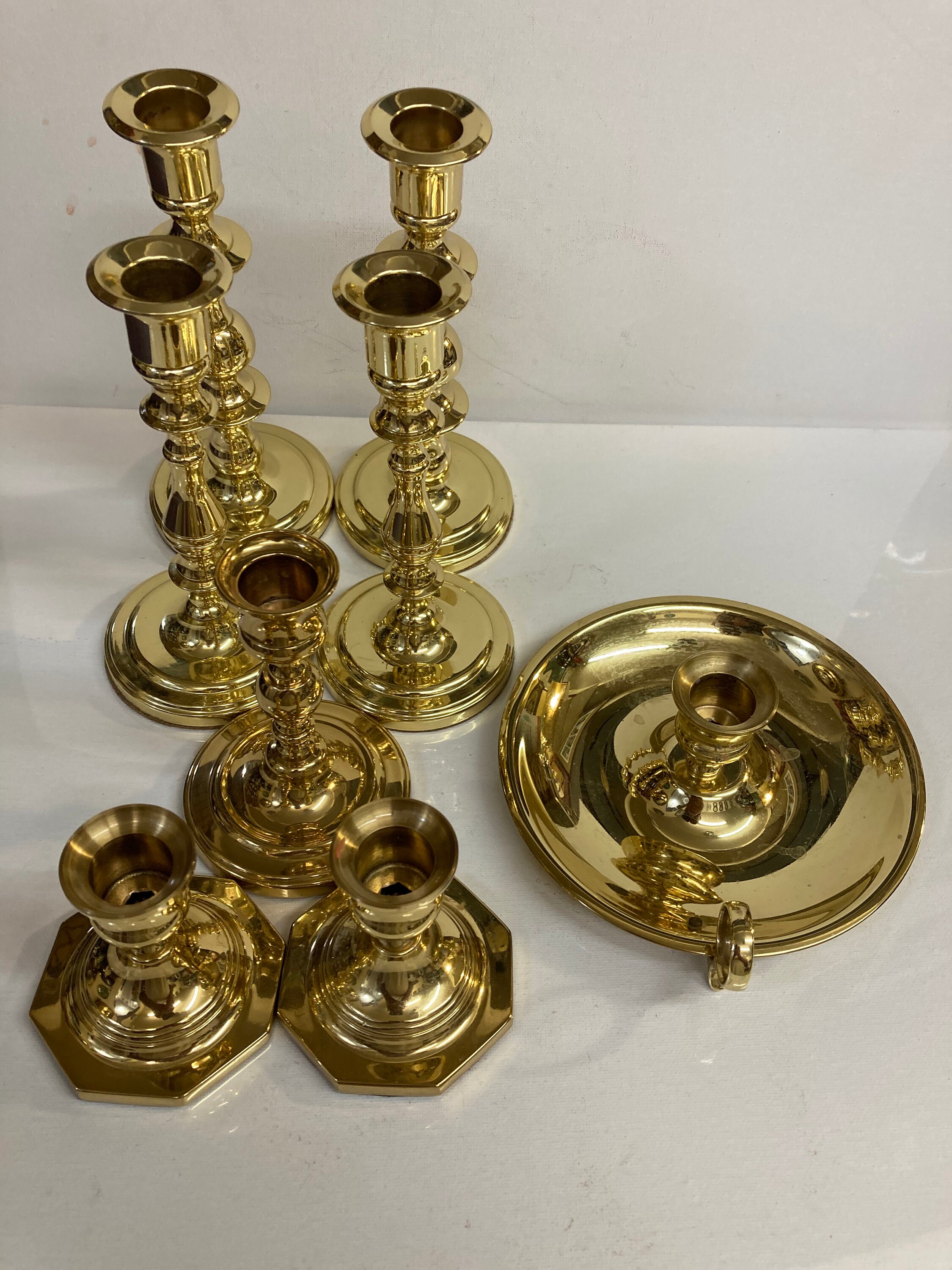 Vintage Brass Candlesticks,   7 Baldwin Brass,  1 Carolina Brass .Group of 8