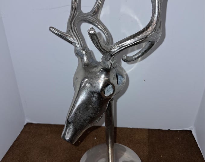 Aluminum Metal Deer Skull Sculpture on Stand