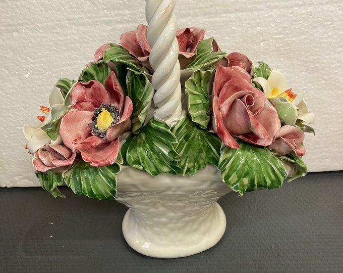 Large Vintage Italian Capodimonte Ceramic Rose Basket