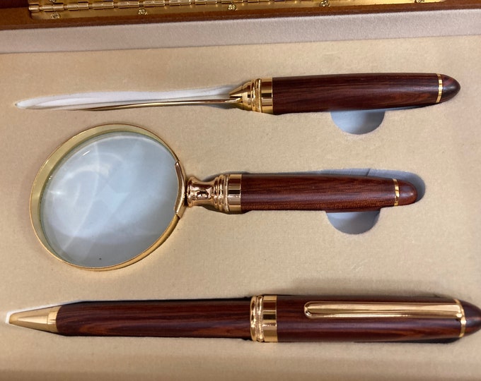 Rosewood & Brass Pen, Letter Opener and Magnifier Desk Set Made  for  Edgewood Country Club
