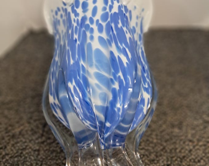 Royal Gallery Poland Encased Art Glass Flower Vase Hand Blown Blue White 9.5" .