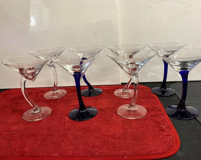Vintage Libbey Martini Glasses, Cobalt Blue & Clear Curved Stem, Set of 8