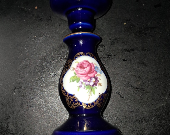 Linder   Kups Porcelain Candlestick Cobalt 18 K Gold Flowers Vintage