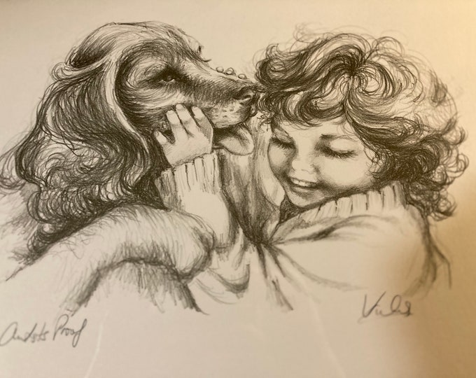 Artist's Proof Graphite Drawing Of A  Girl & Her Dog