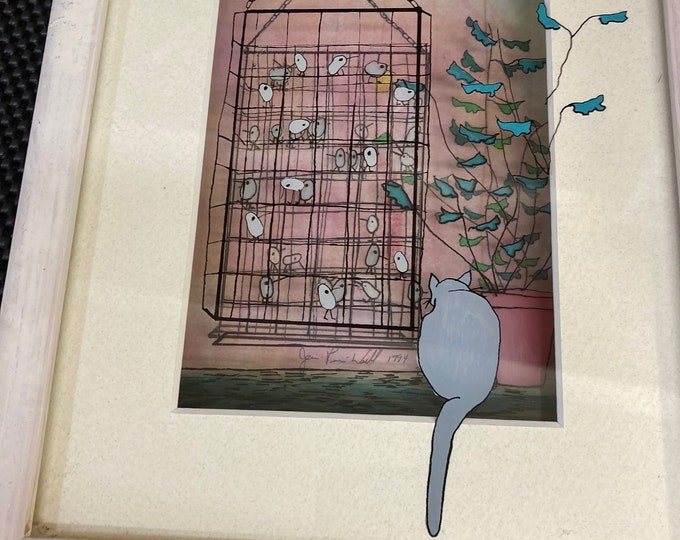 Jean-Pierre Weill. 3 Dimensional  Glass Artwork, Cat & Bird Cage