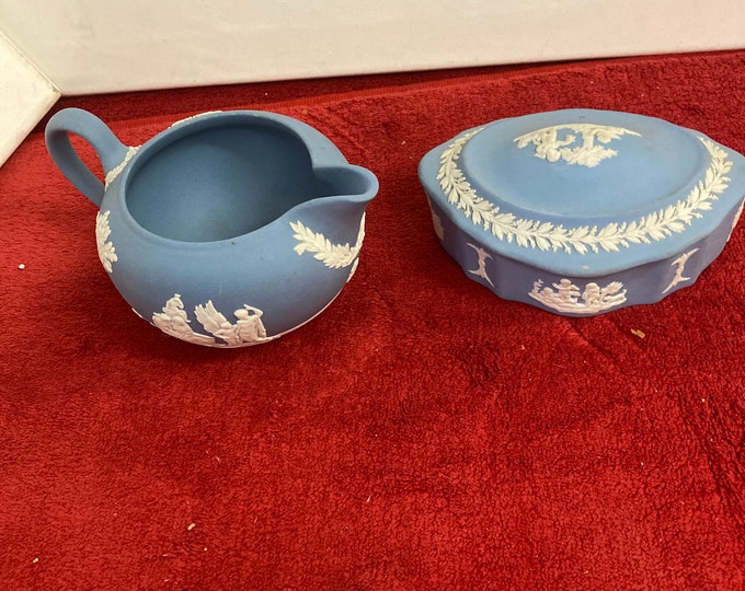 Wedgwood Lavender Jasperware Creamer, Sugar Bowl, Candy Box Set