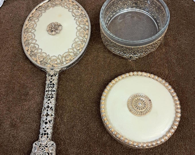 Antique Filigree Hand Mirror & Powder Case Set - 1920s Art Deco