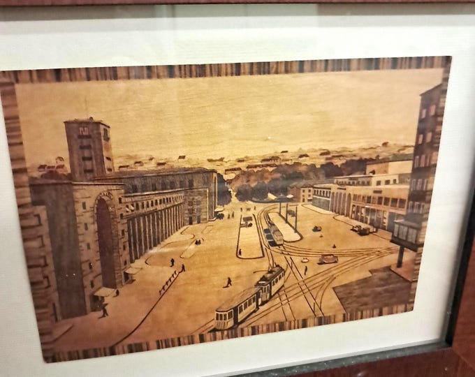 Marquetry Artwork Woodwork ,Cityscape  With Architectural Elements